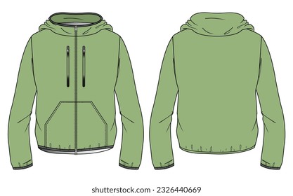 Long sleeve Hoodie jacket design flat sketch Illustration, Hooded sweater jacket with front and back view, winter jacket for Men and women. for hiker, outerwear and workout in winter