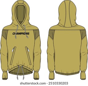 Long sleeve Hoodie jacket design flat sketch Illustration, Hooded sweater jacket with front and back view, winter jacket for Men and women. for hiker, outerwear and workout in winter