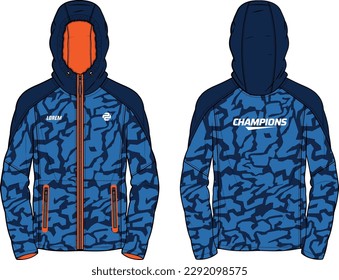 Long sleeve Hoodie jacket flat sketch design with Camouflage pattern, Hooded bomber jacket with front and back view, hooded winter jacket for Men and women. for hiker, outerwear and workout in winter