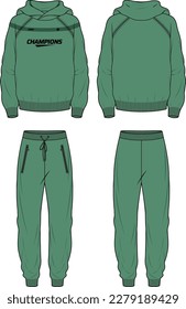 Long sleeve Hoodie jacket sweatshirt with jogger bottom design flat sketch Illustration, Hooded jacket with sweater pant front and back view, hooded winter jacket for Men and women. Winter outerwear