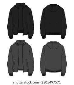 Long sleeve hoodie jacket vector illustration black and grey color template front and back views