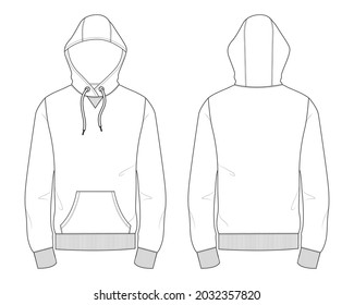 Long sleeve hoodie overall technical fashion Drawing flat sketch template front and back view. Cotton fleece fabric dress design vector illustration mock up jacket CAD. Easy edit and customizable.