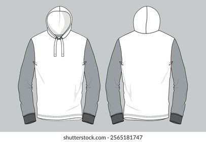 Long sleeve hoodie overall technical fashion Drawing flat sketch template front and back view. Cotton fleece fabric dress design vector illustration mock up jacket CAD. Easy edit and customizable.
