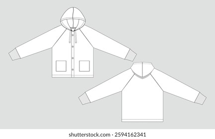 Long sleeve hoodie and pocket technical Drawing fashion flat sketch vector illustration template  for kids