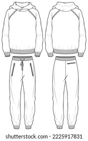 Long sleeve Hoodie sweatshirt jacket with sweatpants design flat sketch Illustration, Hooded sweater jacket with jogger bottom pants front and back view, winter jacket for Men and women