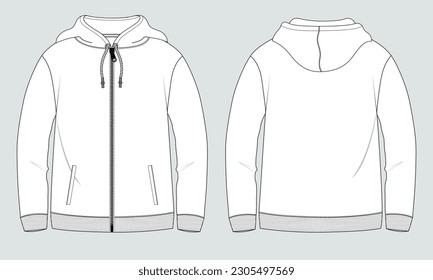 Long sleeve hoodie technical drawing fashion flat sketch vector illustration template front and back views