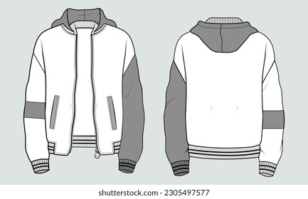 Long sleeve hoodie technical drawing fashion flat sketch vector illustration template front and back views