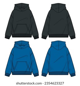 Hoodie technische Zeichnung mit langer Hülle, flache Skizze, Vektorgrafik Schwarz-Blau-Farbvorlage für Frauen 