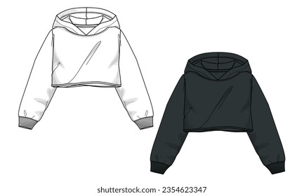 Long sleeve hoodie technical drawing fashion flat sketch vector illustration Black and white color  template for women's 