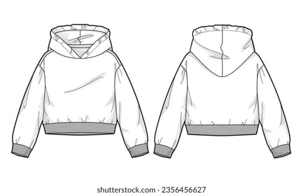 Long sleeve hoodie technical drawing fashion flat sketch vector illustration template for women's 