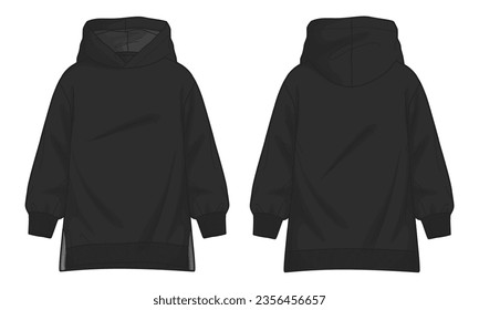 Hoodie-technische Zeichnungen mit langer Hülle, flache Skizze, Vektorgrafik Schwarze Farbvorlage für Frauen 