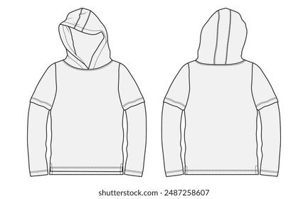 Long sleeve hoodie technical drawing fashion flat sketch vector illustration template front and back views. Apparel clothing design mock up cad 