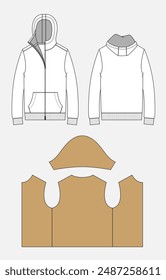 Long sleeve hoodie technical drawing fashion flat sketch vector illustration template front and back views. Apparel clothing design mock up cad 