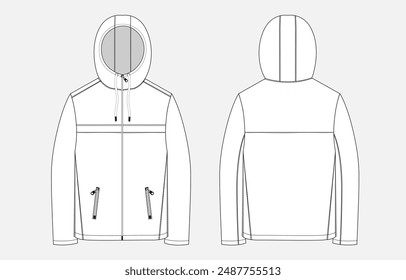 Long sleeve hoodie technical drawing fashion flat sketch vector illustration template front and back views. 