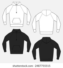 Long sleeve hoodie technical drawing fashion flat sketch vector illustration white and black color template front and back views. 