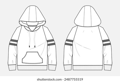 Long sleeve hoodie technical drawing fashion flat sketch vector illustration template front and back views. 