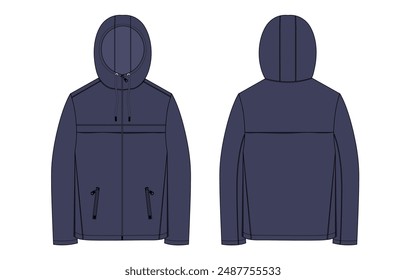 Long sleeve hoodie technical drawing fashion flat sketch vector illustration navy blue Color template front and back views.