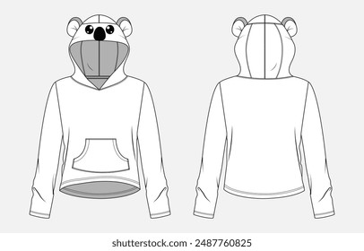 Long sleeve hoodie technical drawing fashion flat sketch vector illustration template for baby girls. Winter clothing hoodie mockup Cad