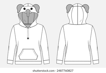 Long sleeve hoodie technical drawing fashion flat sketch vector illustration template for baby girls. Winter clothing hoodie mockup Cad