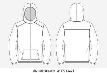 Long sleeve hoodie technical drawing fashion flat sketch vector illustration template front and back views. 