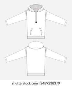 Long sleeve hoodie technical drawing fashion flat sketch vector illustration template front and back views. 