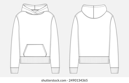 Long sleeve hoodie technical drawing fashion flat sketch vector illustration template front and back views. 