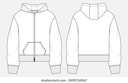 Long sleeve hoodie technical drawing fashion flat sketch vector illustration template front and back views. 