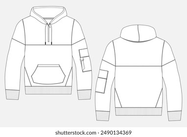 Long sleeve hoodie technical drawing fashion flat sketch vector illustration template front and back views. 