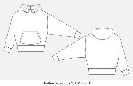 Long sleeve hoodie technical drawing fashion flat sketch vector illustration template front and back views. 