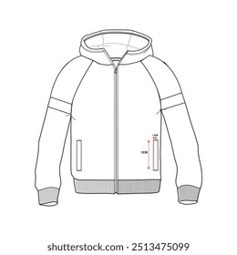 Long sleeve hoodie technical drawing fashion flat sketch vector illustration template