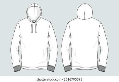 Long sleeve hoodie technical drawing fashion flat sketch vector illustration template front and back views