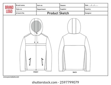Long sleeve hoodie technical drawing fashion flat sketch vector illustratinon template with clothing template details	