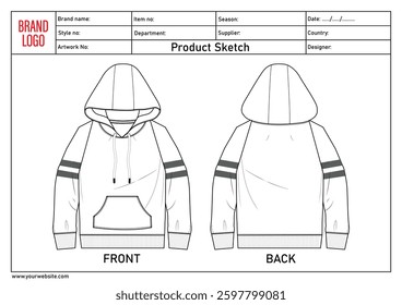 Long sleeve hoodie technical drawing fashion flat sketch vector illustratinon template with clothing template details	