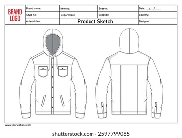 Long sleeve hoodie technical drawing fashion flat sketch vector illustratinon template with clothing template details	