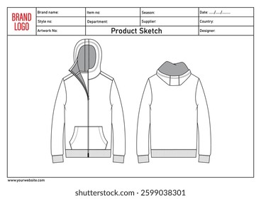 Long sleeve hoodie technical drawing fashion flat sketch vector illustratinon template with clothing template details	