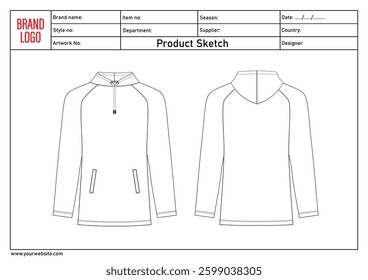 Long sleeve hoodie technical drawing fashion flat sketch vector illustratinon template with clothing template details	