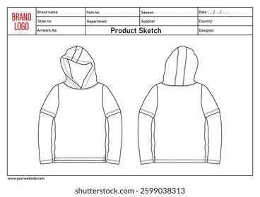 Long sleeve hoodie technical drawing fashion flat sketch vector illustratinon template with clothing template details	
