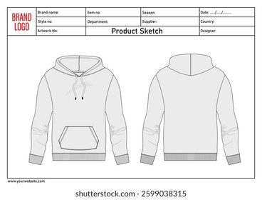 Long sleeve hoodie technical drawing fashion flat sketch vector illustratinon template with clothing template details	