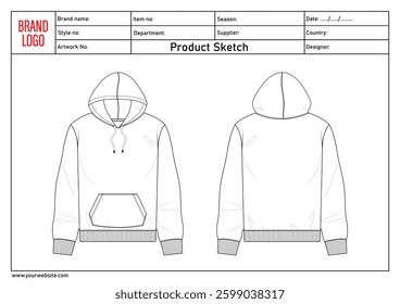 Long sleeve hoodie technical drawing fashion flat sketch vector illustratinon template with clothing template details	