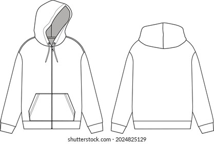 Long sleeve hoodie technical fashion Drawing sketch template front and back view. apparel dress design vector illustration mock up jacket CAD. Easy edit and customizable.