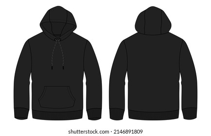 Long sleeve Hoodie technical fashion flat sketch vector illustration template front and back views. Apparel Winter hoodie black color mock up Card. Easy edit and customizable.