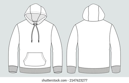 Long sleeve Hoodie technical fashion flat sketch vector illustration template front and back views. Apparel Winter hoodie mock up Card. Easy edit and customizable.