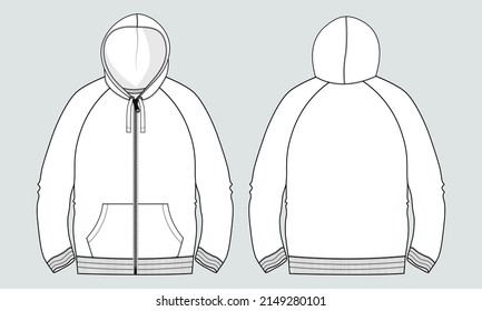 Long sleeve Hoodie technical fashion flat sketch vector illustration template front and back views. Apparel Winter hoodie mock up Card. Easy edit and 