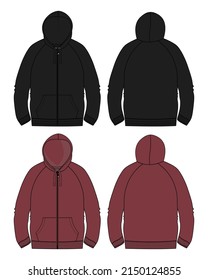 Long sleeve Hoodie technical fashion flat sketch vector illustration Black and red Color template front and back views. Apparel Winter hoodie black color mock up Card. Easy edit and customizable.