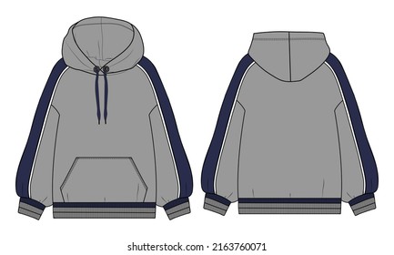 Long sleeve hoodie technical Fashion flat sketch vector illustration grey color Template front and back views isolated on white background.