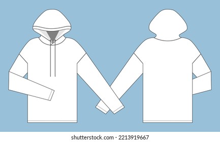 Long sleeve hoodie technical fashion flat sketch Drawing template front and back view. apparel dress design vector illustration black Color mock up jacket CAD. Easy edit and customizable.