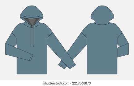 Long Sleeve Hoodie technical fashion flat sketch vector illustration template front and back views. Fleece jersey sweatshirt hoodie mock up for men's and boys isolated on white background.
