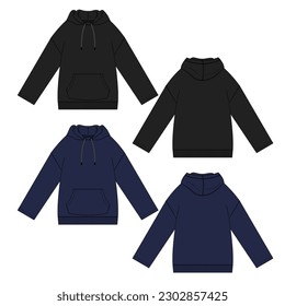Long Sleeve Hoodie technical fashion flat sketch vector illustration black and navy color template front and back views. Fleece jersey sweatshirt hoodie mock up for men's and boys.