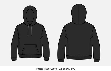 Long Sleeve Hoodie technical fashion flat sketch vector illustration Black Color template front and back views. Fleece jersey sweatshirt hoodie mock up for men's and boys.
