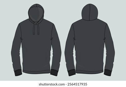 Long Sleeve Hoodie technical fashion flat sketch vector illustration Black Color template front and back views. Fleece jersey sweatshirt hoodie mock up for men's and boys.
